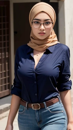 (Best quality, high resolution, masterpiece: 1.3), a beautiful malay woman in hijab, big breasts, slim figure, open V neck, beautifully presented details in the street and facial and skin texture, detailed eyes, double eyelids, big eyeschest visible, ((shirt open)), wearing glasses