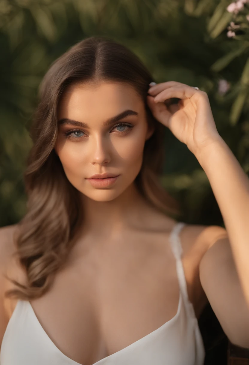 arafed femme pleinement , aux yeux bleus, ultra réaliste, minutieusement détaillé, Portrait de Sophie Mudd fait de la patisserie, cheveux bruns et grands yeux, selfie d'une jeune femme, yeux de la chambre, Violette Myers, se maquiller, natural se maquiller, regarder directement la caméra, subtle se maquiller, Superbe étirement complet du corps au soleil dans la chambre, buste de grande taille
