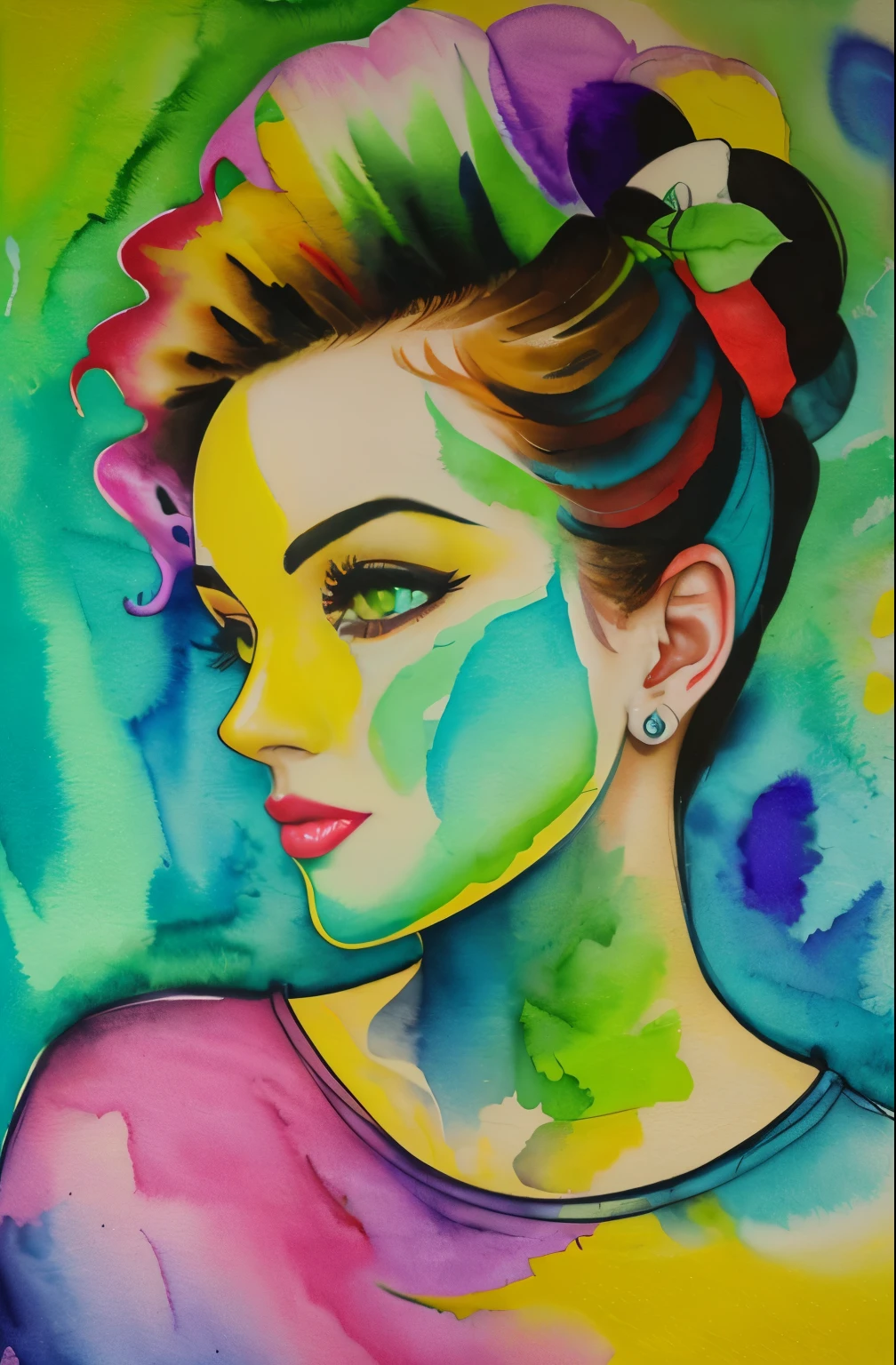 A picture of a woman with a green and yellow face, Sylvia Pelissero watercolors, tumbler, abstract art, Intense watercolor painting, watercolor detailed art, watercolor splash, surreal, Avant-garde pop art, Beautiful and expressive painting, Beautiful artwork illustration, very colorful tones, Fantastic, cool beauty, highest quality,official art, women only, sharp outline, best shot, vector art