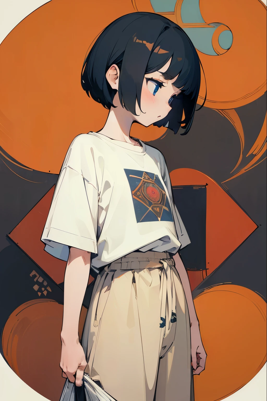 ((Masterpiece)), ((best quality)), (super detailed), complex geometric pattern background, dark color, Cute little girl, (scornful), messy short bob, Looking away, white baggy T-shirt, printed shirt, loose-fitting clothes, Retro,