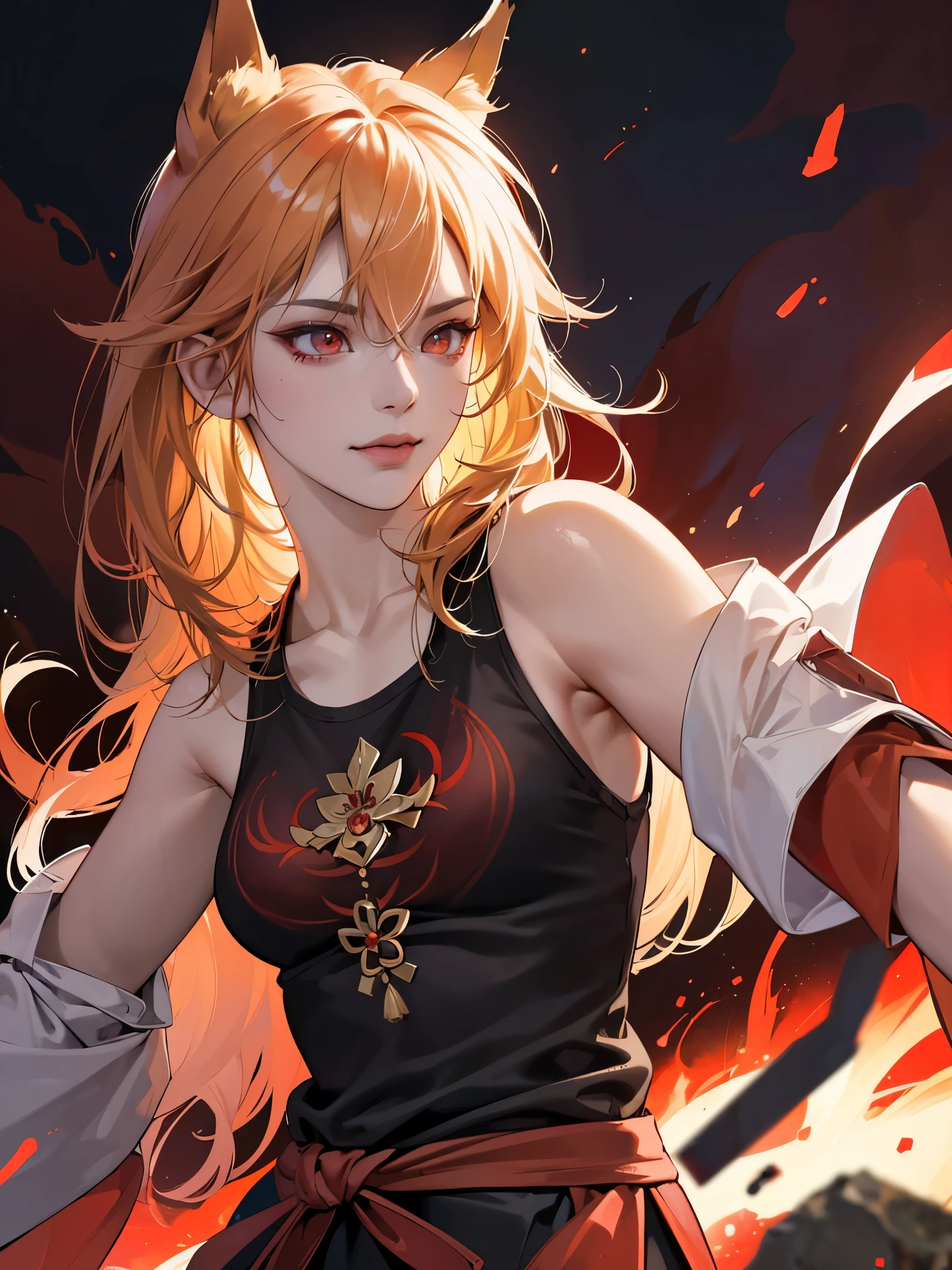 (best quality, highres, realistic:1.37), Yae Miko with blonde hair and red eyes, detailed face, intense gaze, mesmerizing smile, flowing red thunder, dark aura, sinister vibe, dynamic pose, dramatic lighting, vibrant colors, anime style, thunderstorm background, fox ears, tank top