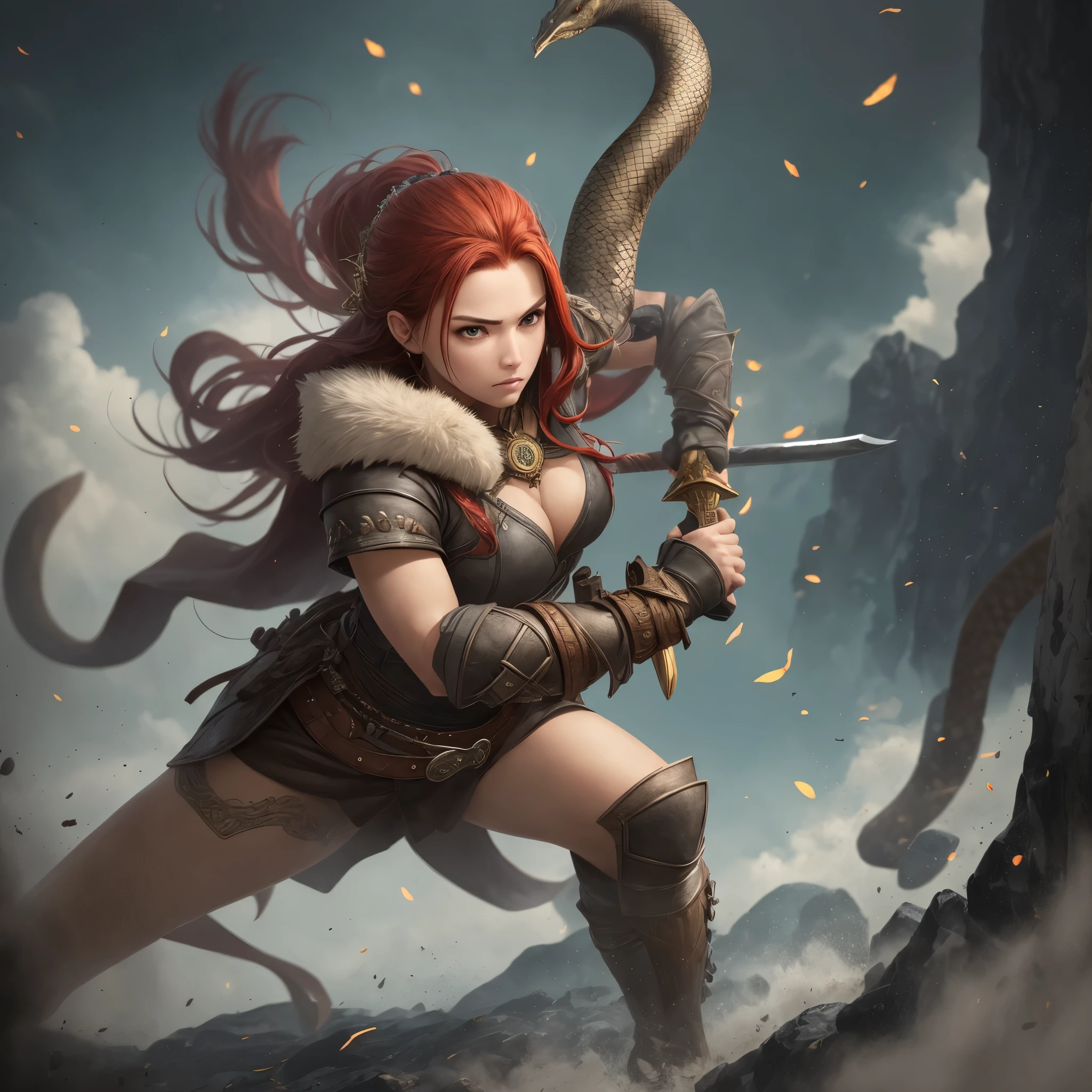 Viking warrior with red hair, golden snake eyes, dressed in a fur lined battle jacket. She looks fierce, raising her battle axe just before she deals a deadly blow to the dragon that lays at her feet. --auto --s2