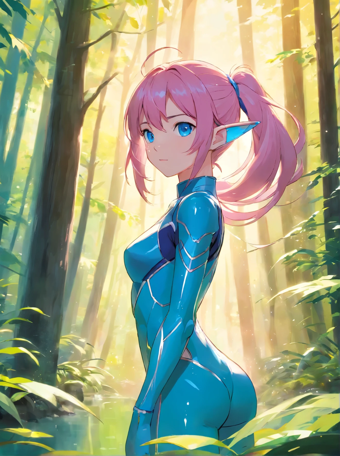 Translucent zero water, Good velvet quality, zero suit, Compared, divine light, forest elf female warrior,blue eyes, pink hair, Woods background, Absolute strength,