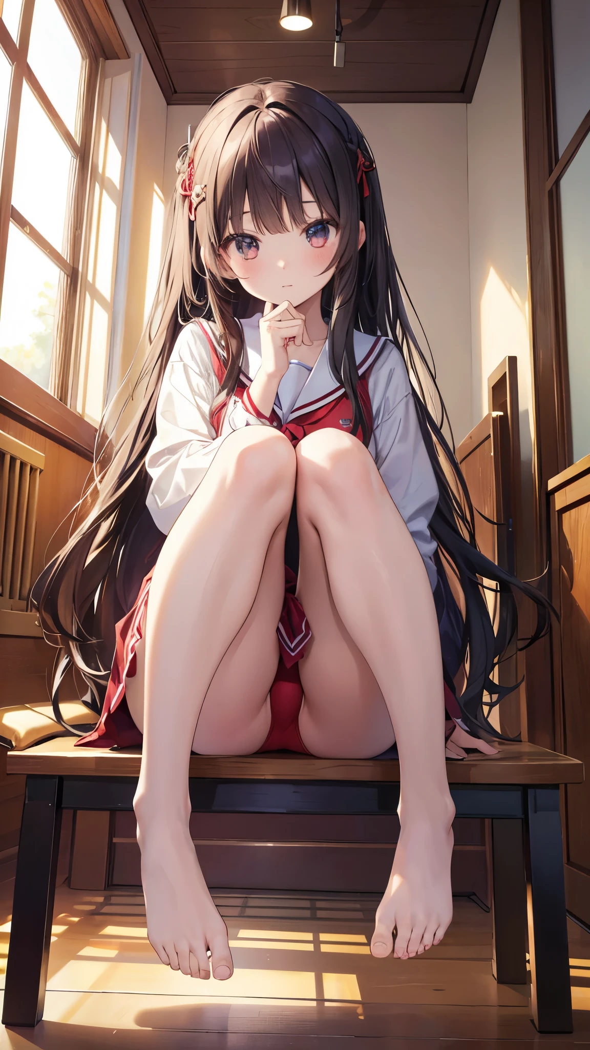 Masterpiece Top Quality High Resolution、Anna Tanaka , long hair, sit with both knees bent、eight-headed body、beautiful feet 、In the school、As if looking up from below、embarrassing、red underwear