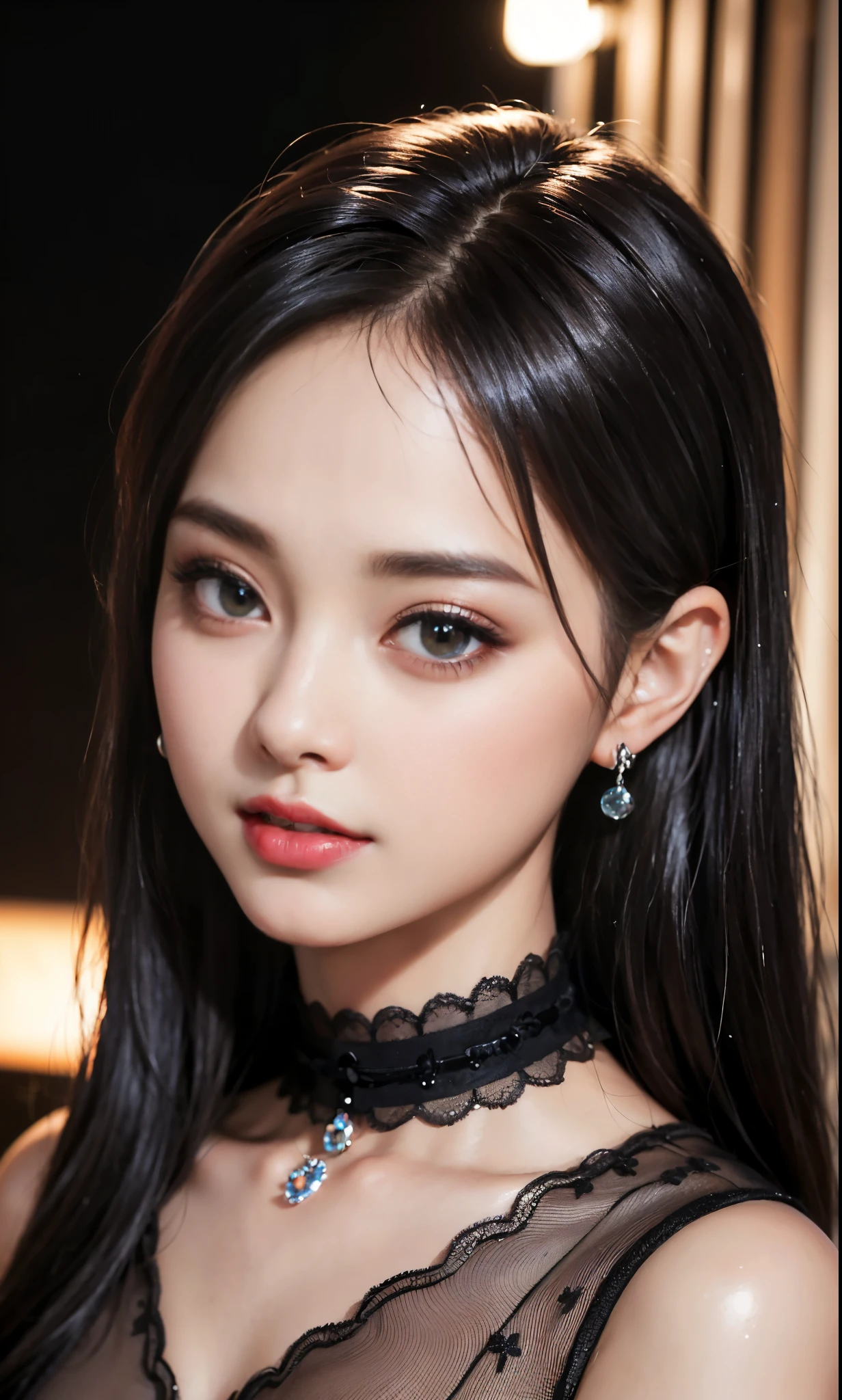 (8k, original photo, lifelike: 1.25), (lip gloss, eyelash, shining face, shiny skin, quality, ultra high resolution, depth of field, Color difference, Caustics, flood lighting, natural shadow, kpop idol) Moderate, Goddess Happy Watch Viewer, (Dark Maid:1.2), mini skirt