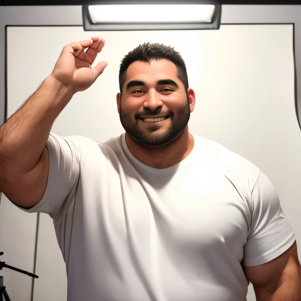 (highest quality:1.5), (masterpiece:1.5), (Photography Studio:1.4), (Japanese:1.1), close-up face, macho, huge body, hairy, (fat:1.2), 40 years old, smile, white t-shirt, (Raising one hand:1.2), Standing facing the front, looking at the camera