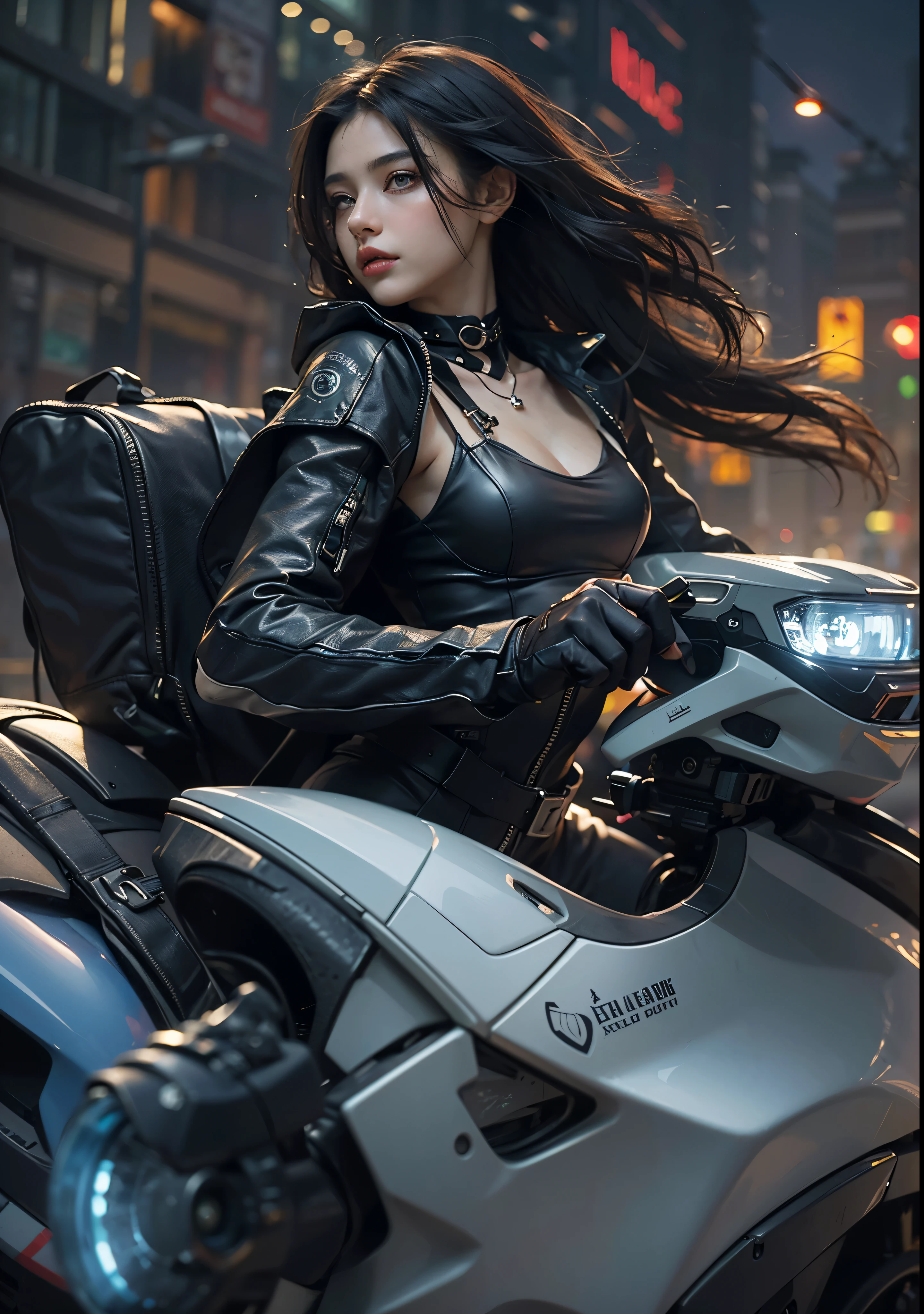 Huntress riding a high-tech motorcycle, Shoot high-tech artillery, Sparks from the gun, (1 female, brown eyes, white skin, Twin-tailed black hair, choker, small breasts, skinny, lip whole, compensate, eyeliner, Russia), Wearing black one-piece leather armor, Long leather gloves, long Leather boots, In a cyberpunk town at night, (cyberpunk theme), (masterpiece, highest quality, 8K, sharp focus, Depth of bounds written, best shadows, perfect light, HDR, realistic skin texture, Ultra-detailed and detailed background), wide shot、(camel toe, camel toe, vulva shaped:1.25)