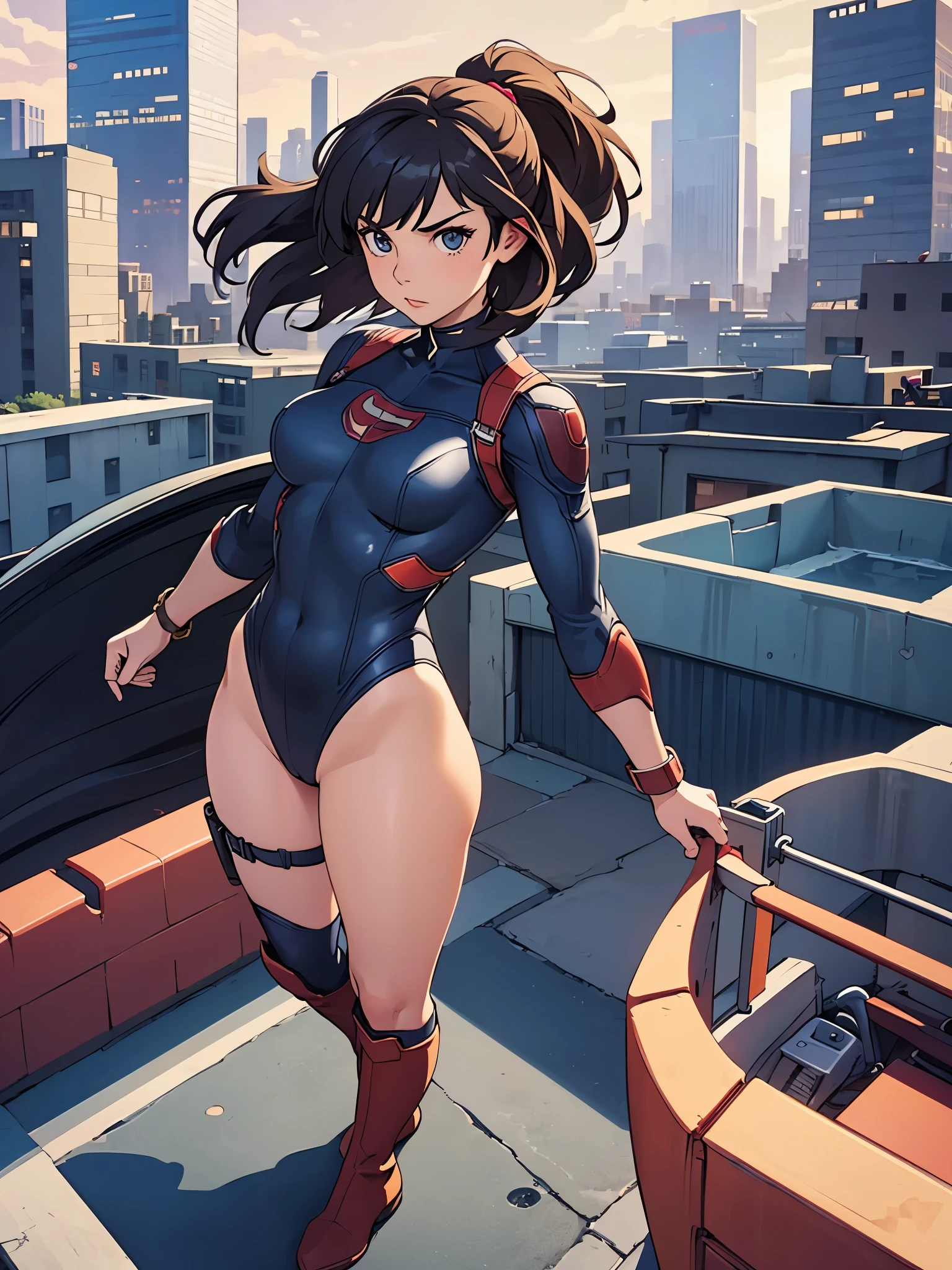 1girl, mature adult, solo, singe, solo focus, superhero, leotard, bare legs, boots, bracelets, single tight belt, city backdrop, standing, masterpiece, best quality, cowboy shot, full body shot, medium breasts, perfect anatomy, beautiful detailed eyes