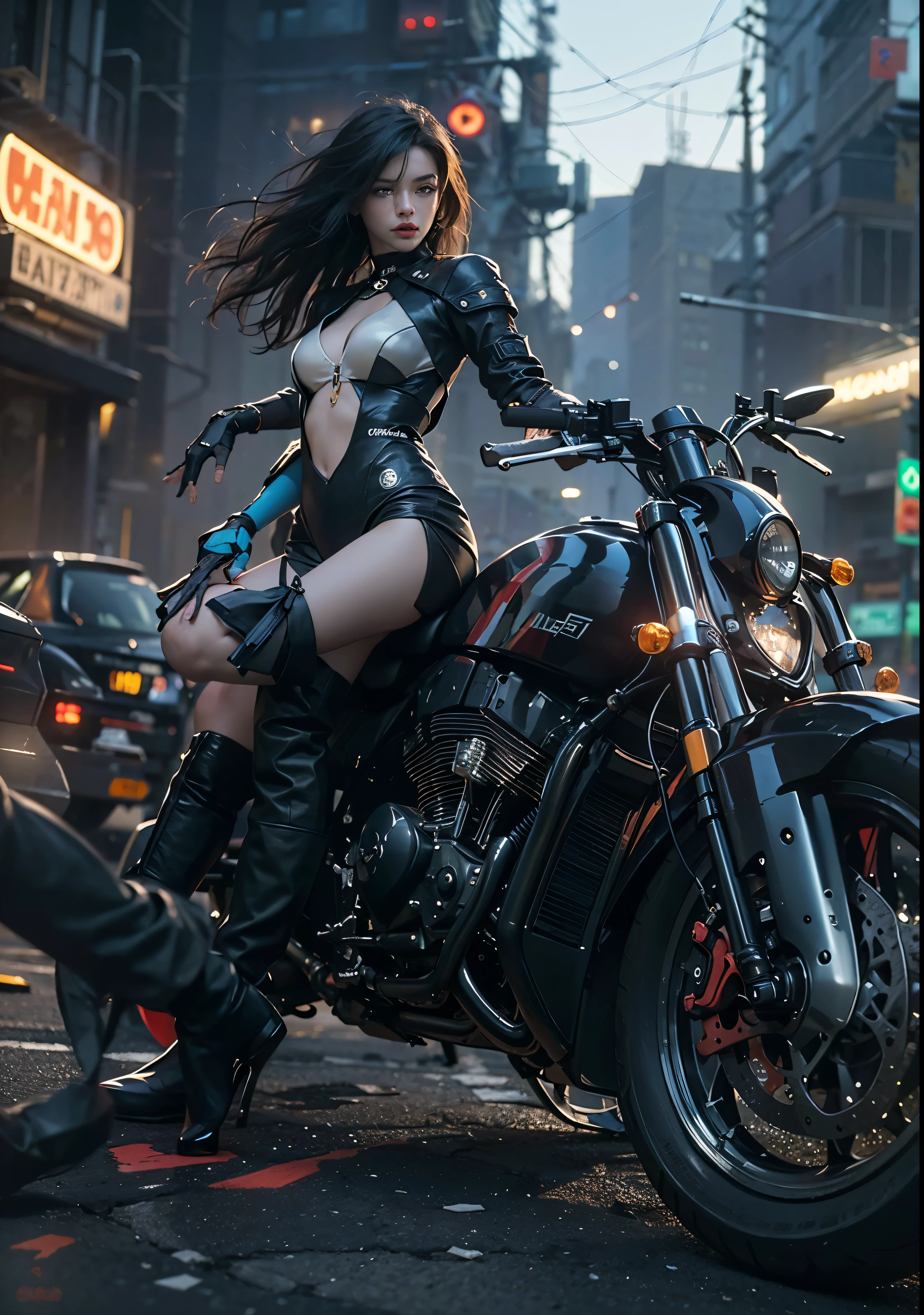 Huntress riding a high-tech motorcycle, Shoot high-tech cannons, Sparks from guns, (1 female, brown eyes, white skin, Twin-tailed black hair, choker, small breasts, skinny, lip whole, compensate, eyeliner, Russia), Wearing black one-piece leather armor, Long leather gloves, long Leather boots, In a cyberpunk town at night,  (cyberpunk theme), (masterpiece, highest quality, 8K, sharp focus, written boundary depth, best shadows, perfect light, HDR, realistic skin texture, Ultra-detailed and detailed background), wide shot