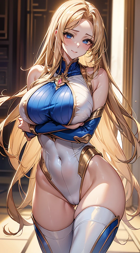 ((masterpiece)), ((high quality)), ((super detailed)), ((high resolution)) , ((8k)),a beautiful woman, ((She is one of the most famous actress in Japan.)), unparalleled beauty, ((large breast:1.4)), ((large ass)), ((deep cleavage)), slim waist, chest out, ultra detailed face, perfect skin, (((waist length hair, ((long straight golden hair)), crossed bangs))), blue eyes,  detailed eyes, whole body image, sexy, an inviting smile, sensual, (((anime))), ((glamorous)), sexual attraction ,23 years old, ((incredibly beautiful woman)), ((The H cup bust)), ((((sexy pose)))), ((neat and clean.)) , (((Power Ranger))), heroine,  (((high leg leotard power suit, white line on blue colored power suit:1.4, Reinforced power suit))),  ((beautiful breasts)), beautiful legs, 8 life size, anime:1.4, wet, the most beautiful and strongest, ((charm)), ((gravure pose)),((british beauty)),