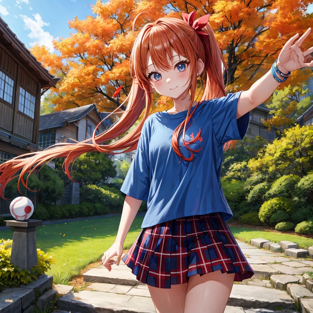 Red-blonde、blue hair、blue eyeraid、ponytail、one good looking girl、solo、anime、Plaid miniskirt、black t-shirt、camisole、forest、walking、Wearing a plaid baseball cap、Tilting your face、Doing the ribbon、sunset sky、stone bridge、stone stairs、petal、A small bird flying、big tree、tunnel、squirt、Bang、stretching one's back、Fallen leaves