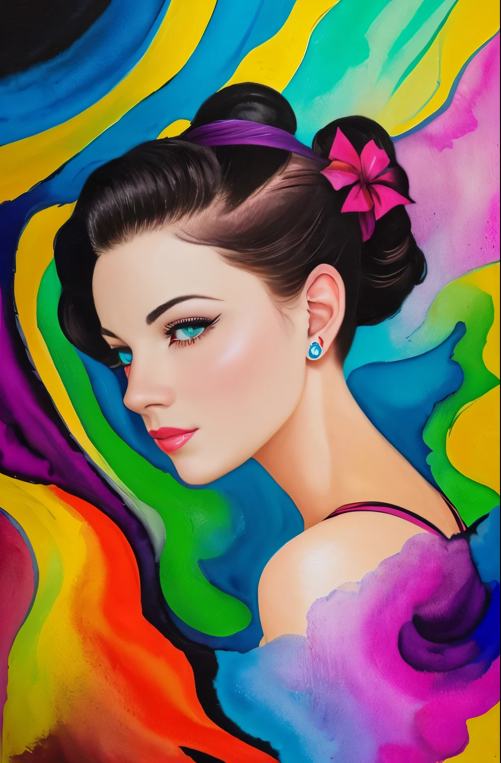 A painting of a woman with a magenta and white face, Sylvia Pelissero watercolors, tumbler, abstract art, Intense watercolor painting, watercolor detailed art, watercolor splash, surreal, Avant-garde pop art, Beautiful and expressive painting, Beautiful artwork illustration, very colorful tones, Fantastic, cool beauty, highest quality,official art, women only, sharp outline, best shot, vector art