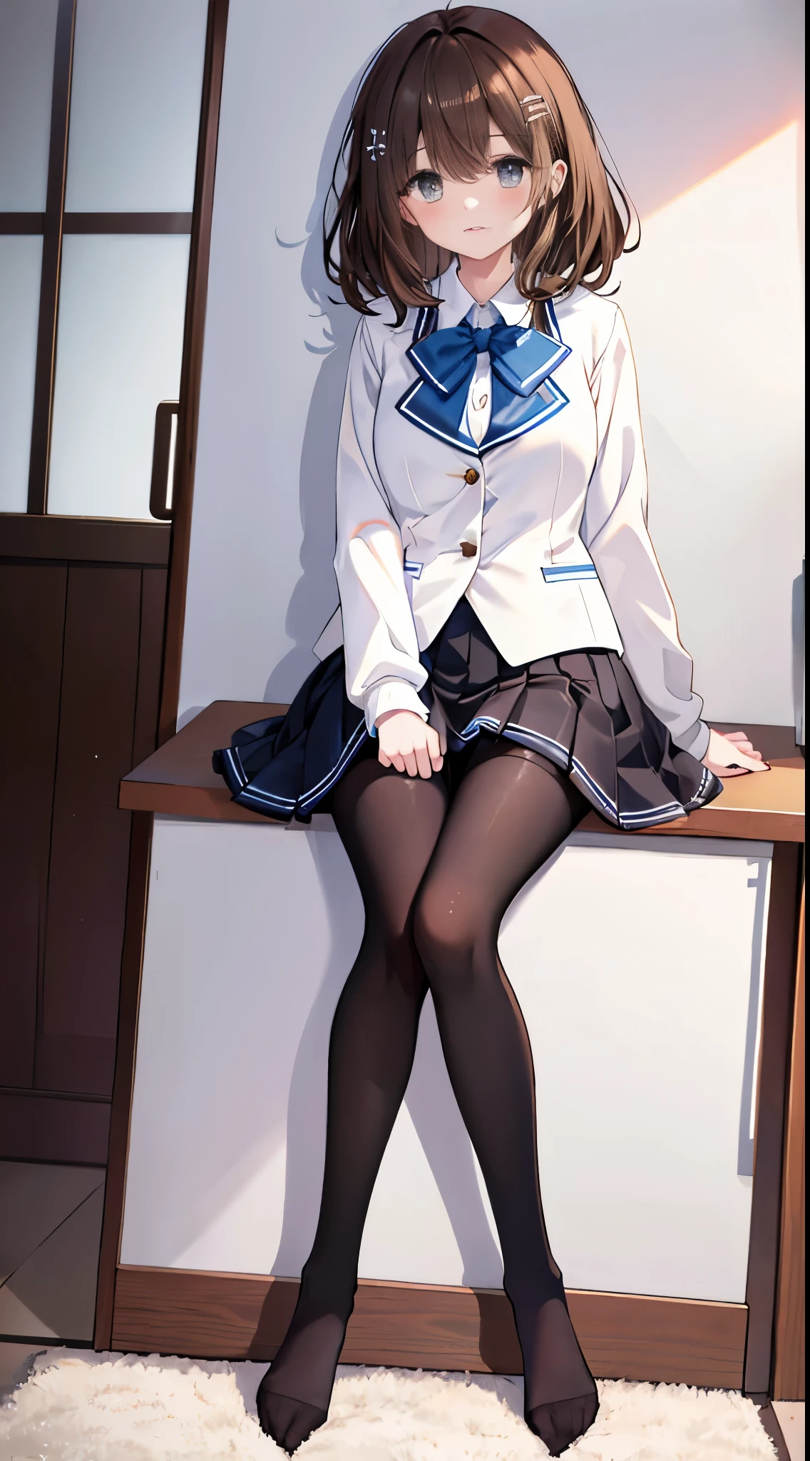 finest, masterpiece, High resolution, (full body), front, symmetrical, Mature tall high school girl, alone, (full body from head to toe), small breasts, slightly messy hair, (black tights）, （Black Pantyhose), black pantyhose, composition showing white panties, slender beautiful legs, A very beautiful and tall  girl, ((not wearing shoes)) , shy big eyes, ( (brown hair)), (bangs), messy hair, (hair clip), looking at camera, showing white panties, （She is made to sit with her legs spread in an M shape.）、(arms tied, arms behind), white ruffle lingerie, high school uniform blazer, high school uniform white blouse, High school uniform with blue ribbon, high school uniform with 短い plaid pattern and navy pleated skirt