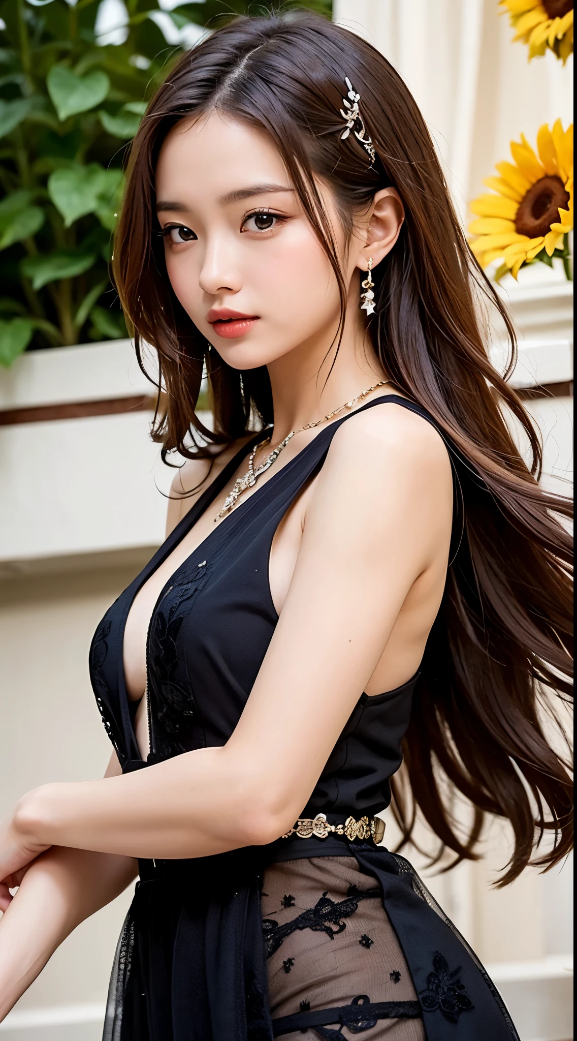 (  超絶Beauty details, , high quality , super detailed ) ,( Hand Detail ) ,
 1 girl, alone, Beauty details,, very long hair, chestnut hair , 
美しいeye ( eye )  necklace, black dress, elegant, colorful,
 best details, Upper body , With the river and sunflowers