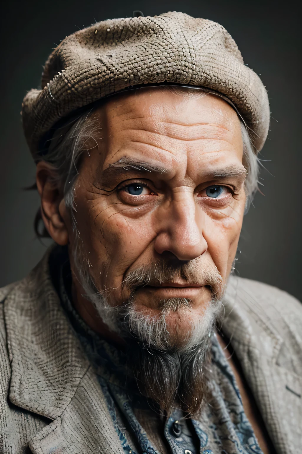 (realistic portrait:1.2),old german man,hyper-detailed face,detailed gray beard,detailed blue eyes,deep wrinkles,weathered skin,wise expression,strong jawline,traditional german hat,old-fashioned clothes,neutral background,vivid colors,subtle lighting,dramatic shadows