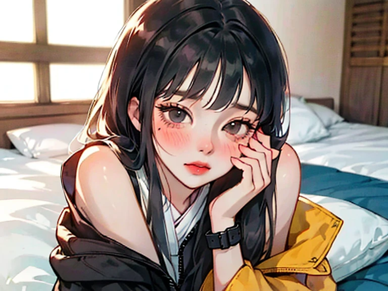 Made, High definition, High quality, Detailed face, detailed body render, 1girll, Solo, Hinata sleeveless clothing,Room,, Sleeveless shirt,( fishing net garment), Unzip the jacket, 的女生, Blush, (in a bedroom),Leaky leglack lence stockings,((perspire,Be red in the face,Blush:1.5)),Particularly heavy blush,Kneel on the floor、低胸、、
