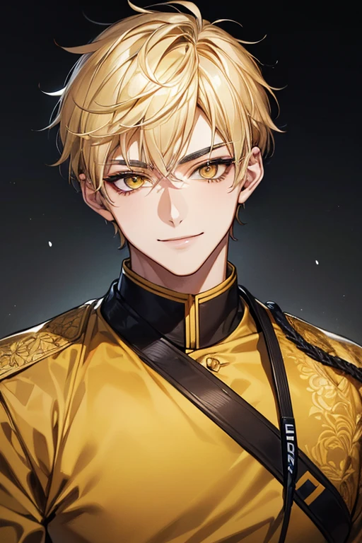 (muste piece), (best quality), extremely detailed, 1 man, solo, perfect face, pretty face, highly detailed face,yellow short hair, yellow eyebrows、Handsome man with expressive eyes, smiling, yellow eyes、Huangze Ryota、police officer