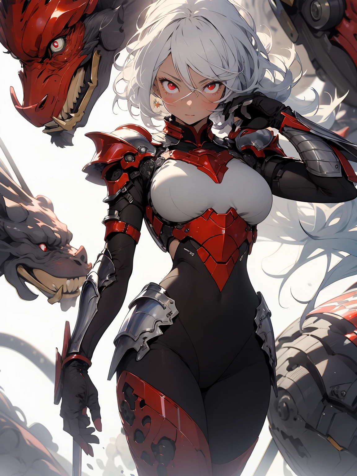 ((Masterpiece:1.5, Best Quality, High Resolution:1.3, Super Resolution, Super Detailed, Ultra Detailed:1.3, Perfect Anatomy:1.5, 1 Female) Pale skin + long white hair + reddish eyes + long eyelashes + female figure (tight suit that doesn't show much, trench coat, straps, long white horns, dragon features, fangs, scaly tail) ((Open eyes, cheerful expression, luminous eyes))