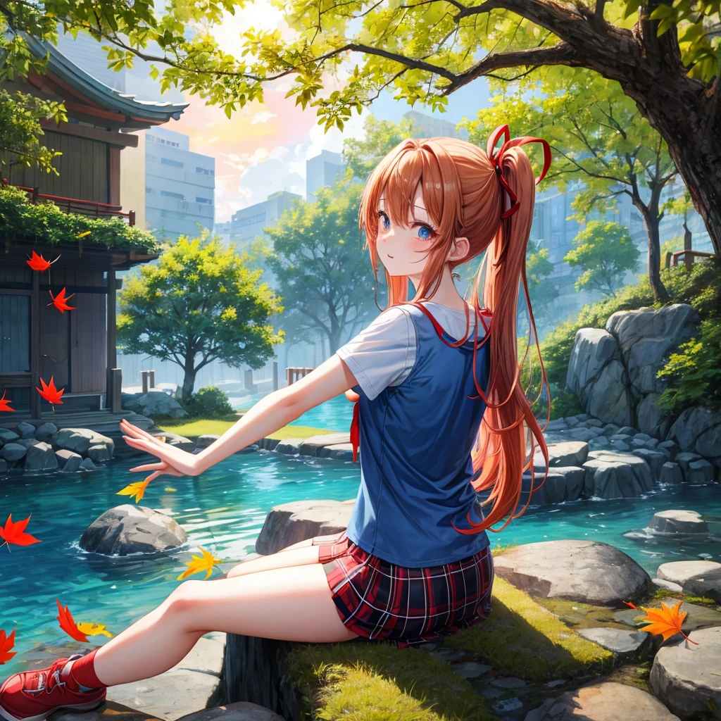 Red-blonde、blue hair、blue eyeraid、ponytail、one good looking girl、solo、anime、Plaid miniskirt、black t-shirt、camisole、forest、sitting、Wearing a plaid baseball cap、Tilting your face、Doing the ribbon、sunset sky、stone bridge、stone stairs、petal、A small bird flying、big tree、tunnel、squirt、Bang、stretching one's back、Fallen leaves