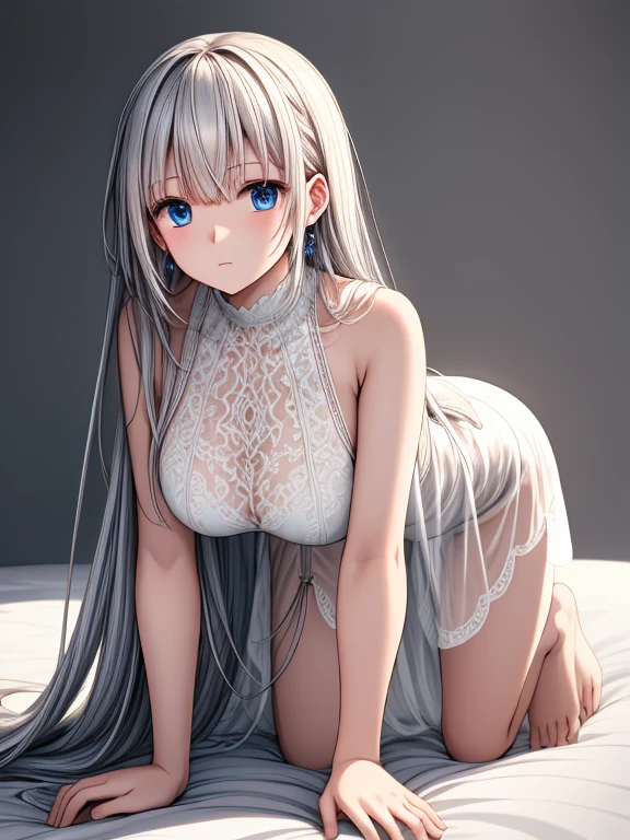 (best quality,ultra detail,illustration,sketch),extremely delicate and beautiful,scared, long hair, (beautiful detailed eyes),(beautiful detailed face),(beautiful detailed body),((full body)), BREAK 
 Bedroom,on bed,all fours,Intricate White transparent nightgown,bangs, jewelry,