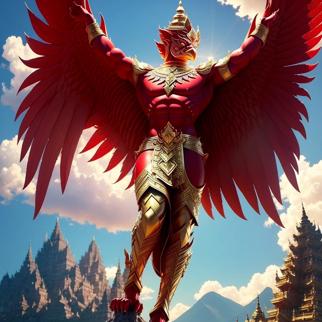 (Garuda 1) Red eyes, muscular body. Best anatomy: Red-skinned Garuda. Red-haired Garuda. Large, outstretched, red-winged Garuda. perfect wingspan Wear jewelry made from gold with Thai patterns. Gold jewelry decorated with diamonds on Garuda's head Wearing Thai cloth pants, Thai silk, red Thai pattern. Hands on hands and legs look like perfect birds. Hands, legs, feet are perfect. Stand on the ground, look straight, stand fully. The skin is the most detailed. The skin is red. The fur is the most detailed red. Red eyes, best detail The best anatomical details, details, cloth, accessories, Thai warrior armor. Best Metal Details Best Weapons Best Weapon Details (Special details Masterpiece quality Realistic Photos(Ultimate Realistic Photos 8k,16k,32k) Maximum realism and best lighting details. Best light quality, best shadows World class photography studio (Best close-up view)(The backdrop of the Thai temple castle is extinguished with gold, silver, emeralds, diamonds, perfect. The background is the sky, clouds, and fog. It feels natural and realistic.)
