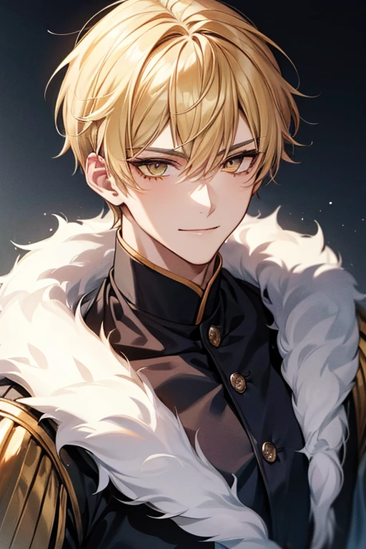 (muste piece), (best quality), extremely detailed, 1 man, solo, perfect face, pretty face, highly detailed face,yellow short hair, yellow eyebrows、Handsome man with expressive eyes, smiling, yellow eyes、Huangze Ryota