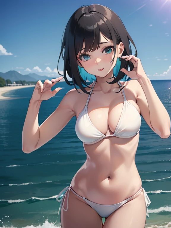 High resolution,topless、
One beautiful young woman,Light blue hair、ponytail、
(Soft Saturation:1.3), (Fair skin:1.2),
(ultra-Detailed Background, Detailed Background), Bokeh,
break&#39;Portrait of a smiling girl.,
When viewed from the front, The composition is symmetrical,
Looking straight at you with serious eyes,
break Swimwear, White Bikini, Center of chest, 
Outdoor, Sea surface, null, sunlight,Summer beach, Sandy Beach,
Strong light, Front lighting, 
(Teen:1.3), (Cowboy Shot:1.2),
Front brake angle,
View your audience,
Dynamic pose,
sitting on the beach

Seaweed、Seaweed、Seaweed、Seaweed、Seaweed、Seaweed、Seaweed、