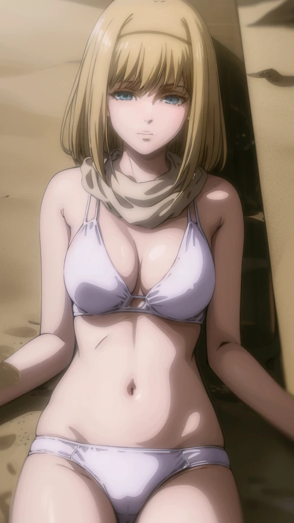 masterpiece, best quality, 1 solo girl, blonde hair, blue eyes, short hair, medium breasts, mature body and face, wavy hair, white bikini, scarf, beach, white sand, beach ball, summer, leg up, cowboy shots, detailed body, face, and eyes, sharp focus, vibrant, creative, dynamic, high definition, high resolution, 8k, (Upscale: R-ESRGAN 4x+ Anime6mage enchance:4x), voluptuous body, lying at the sand