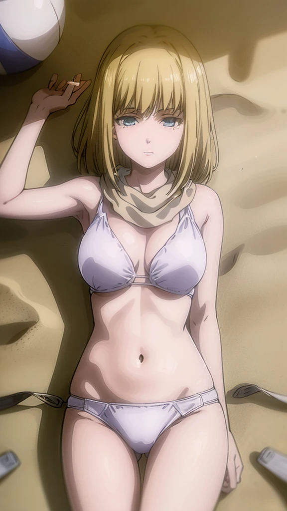 masterpiece, best quality, 1 solo girl, blonde hair, blue eyes, short hair, medium breasts, mature body and face, wavy hair, white bikini, scarf, beach, white sand, beach ball, summer, leg up, cowboy shots, detailed body, face, and eyes, sharp focus, vibrant, creative, dynamic, high definition, high resolution, 8k, (Upscale: R-ESRGAN 4x+ Anime6mage enchance:4x), voluptuous body, lying at the sand