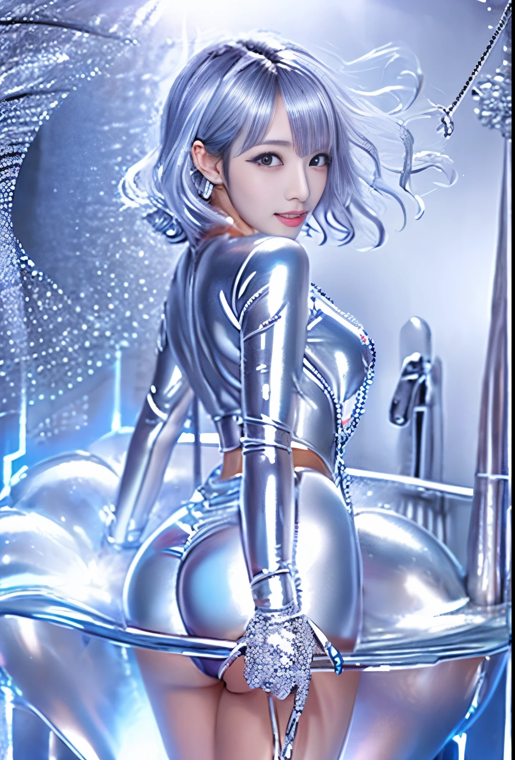 (hight resolution,masutepiece:1.2),Ultra-detailed,(Realistic:1.37), back shot, silver facial paint , Slime Girl, Covered in ,silver slime, (silver skin), (partially transparent), (Wet), (silver sweat), Slimy ,silver liquid dripping from her body. Her hair is also Covered in ,silver slime. ,silver slime ters, silver hair, silver eyes