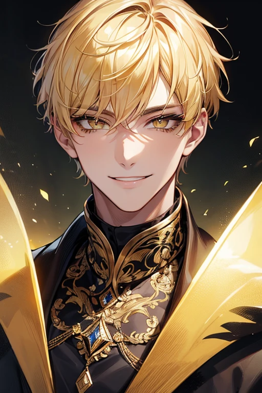 (muste piece), (best quality), extremely detailed, 1 man, solo, perfect face, pretty face, highly detailed face，yellow short hair, yellow eyebrows、Handsome man with expressive eyes, smiling, yellow eyes、
