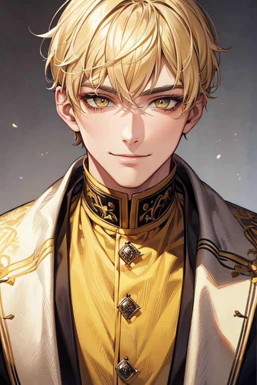(muste piece), (best quality), extremely detailed, 1 man, solo, perfect face, pretty face, highly detailed face，yellow short hair, yellow eyebrows、Handsome man with expressive eyes, smiling, yellow eyes、