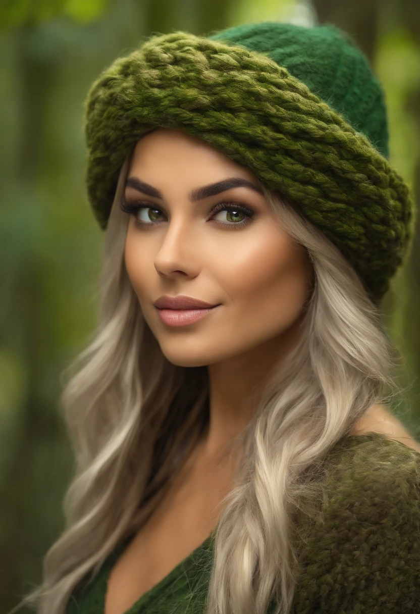 (obra de arte),(melhor qualidade), uma mulher sexy, cabelos longos e ruivos, olhos verdes, com algumas pintas no rosto, seu sorriso lindo e leve, lumberjack cap, 8k, super detalhe, preciso, melhor qualidade, Ultra HD, Pele texturizada, roupa de xadrez verde, floresta.