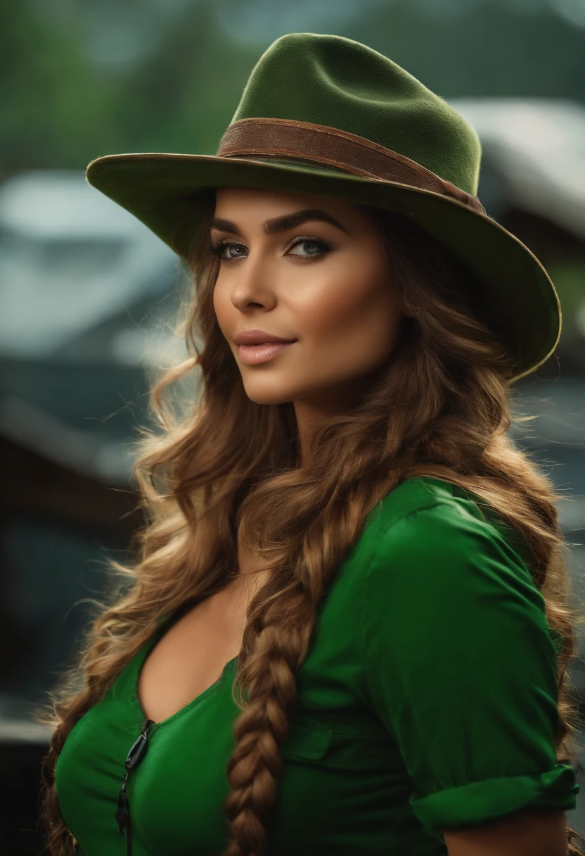 (obra de arte),(melhor qualidade), uma mulher sexy, cabelos longos e ruivos, olhos verdes, com algumas pintas no rosto, seu sorriso lindo e leve, lumberjack cap, 8k, super detalhe, preciso, melhor qualidade, Ultra HD, Pele texturizada, roupa de xadrez verde, floresta.