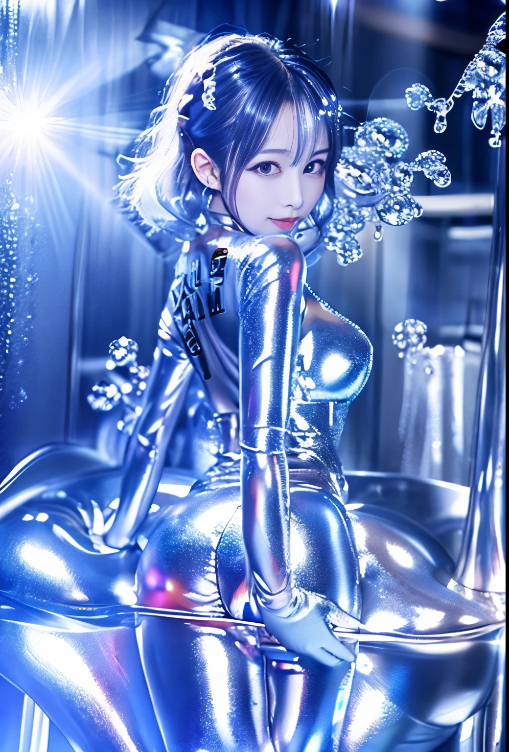 (hight resolution,masutepiece:1.2),Ultra-detailed,(Realistic:1.37), back shot, silver facial paint , Slime Girl, Covered in ,silver slime, (silver skin), (partially transparent), (Wet), (silver sweat), Slimy ,silver liquid dripping from her body. Her hair is also Covered in ,silver slime. ,silver slime scatters, silver hair, silver eyes