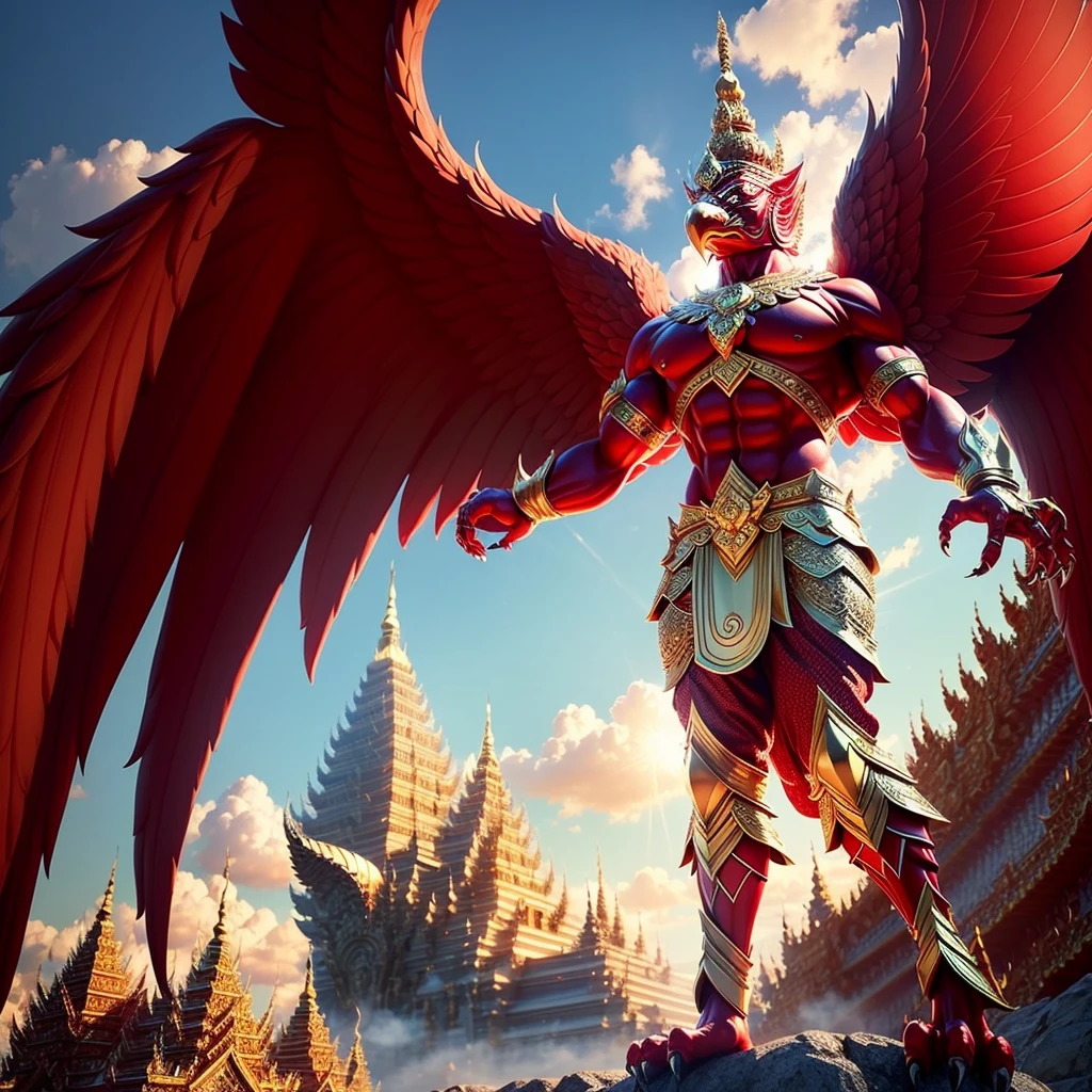 (Garuda 1) Red eyes, muscular body. Best anatomy: Red-skinned Garuda. Red-haired Garuda. Large, outstretched, red-winged Garuda. perfect wingspan Wear jewelry made from gold with Thai patterns. Gold jewelry decorated with diamonds on Garuda's head Wearing Thai cloth pants, Thai silk, red Thai pattern. Hands on hands and legs look like perfect birds. Hands, legs, feet are perfect. Stand on the ground, look straight, stand fully. The skin is the most detailed. The skin is red. The fur is the most detailed red. Red eyes, best detail The best anatomical details, details, cloth, accessories, Thai warrior armor. Best Metal Details Best Weapons Best Weapon Details (Special details Masterpiece quality Realistic Photos(Ultimate Realistic Photos 8k,16k,32k) Maximum realism and best lighting details. Best light quality, best shadows World class photography studio (Best close-up view)(The backdrop of the Thai temple castle is extinguished with gold, silver, emeralds, diamonds, perfect. The background is the sky, clouds, and fog. It feels natural and realistic.)