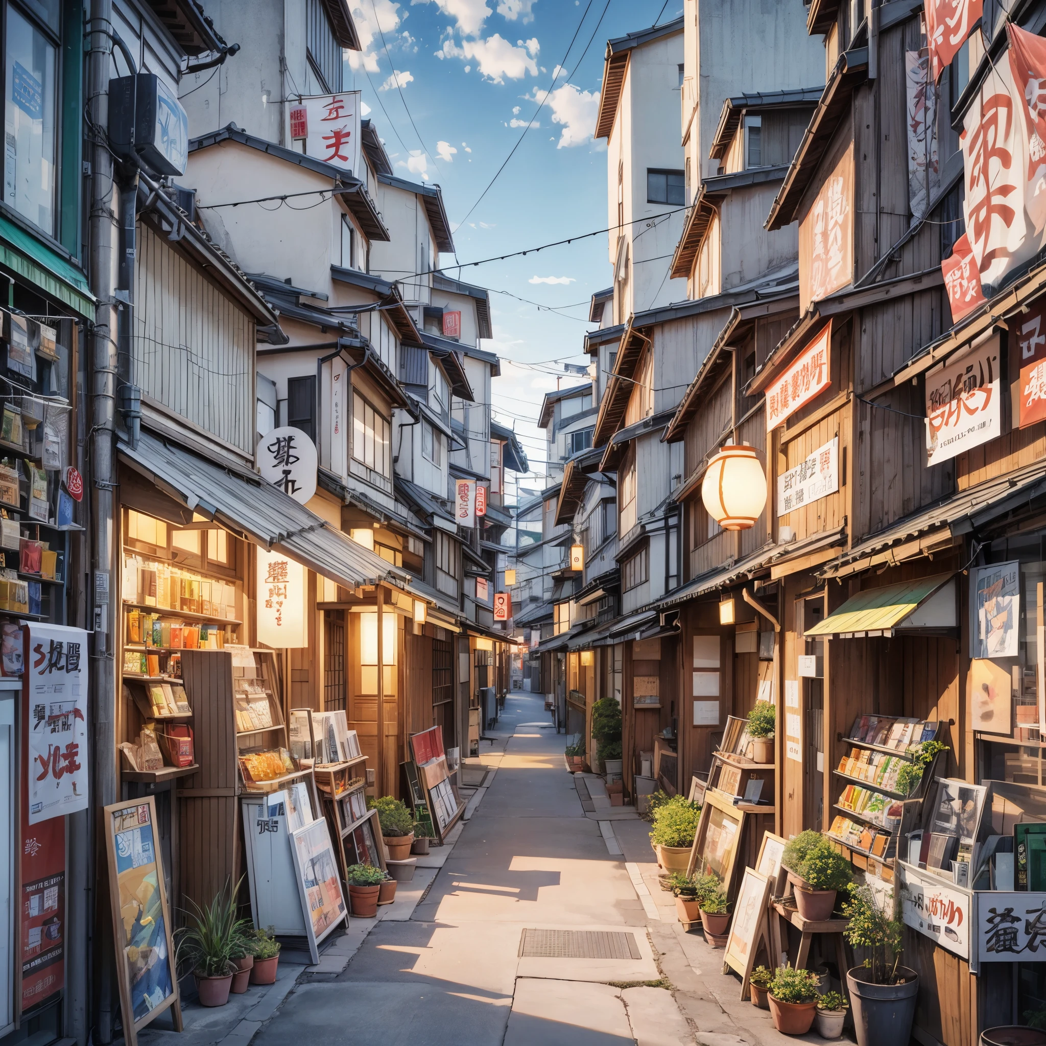 Narrow modern Japanese street. pocket, Modern apartment building. vending machines, bucket, flowerpot, gutter, Vents, gutter, pipeline, electric wire, Japanese large store sign, 复古Japan Shop Width. lantern. flowerpot. rock. sunrise. empty streets, (nobody: 1). Japanese cartoons, Japanese cartoons style