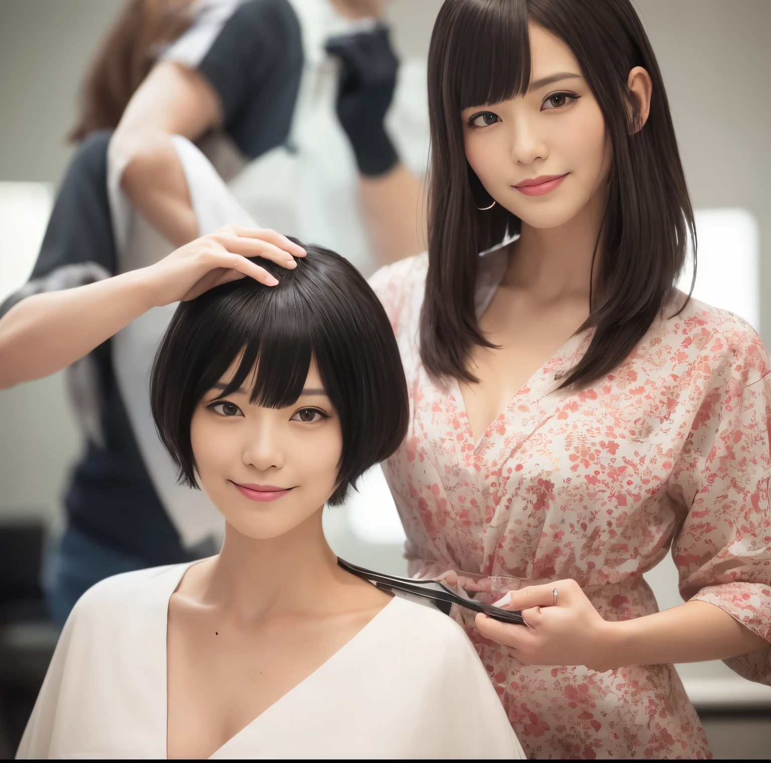Around 40,000 people getting their hair cut by a woman at a salon, princess cut, with short hair, Hair dyeing, redahair and attractive features, with long hair, black and, Immortal cliff, Cut style, 白princess cutの髪型, Hair Works, by Nishida Shun'ei, method, illustrative!!