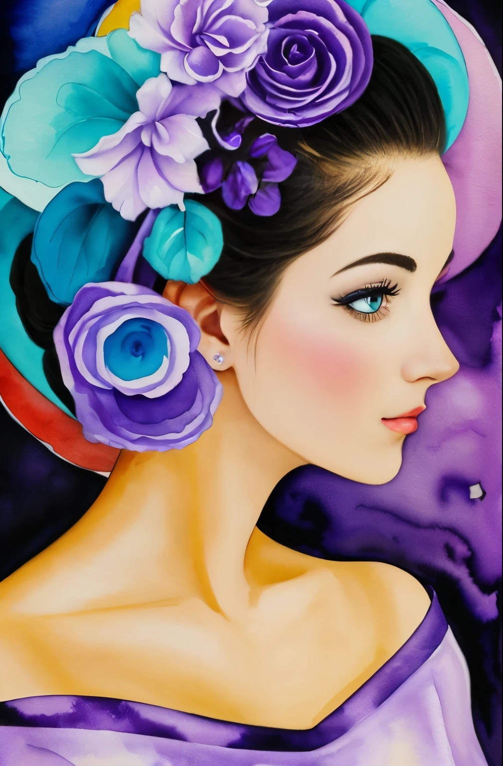A painting of a woman with a purple and white face, Sylvia Pelissero watercolors, tumbler, abstract art, Intense watercolor painting, watercolor detailed art, watercolor splash, surreal, Avant-garde pop art, Beautiful and expressive painting, Beautiful artwork illustration, very colorful tones, Fantastic, cool beauty, highest quality,official art, women only, sharp outline, best shot, vector art