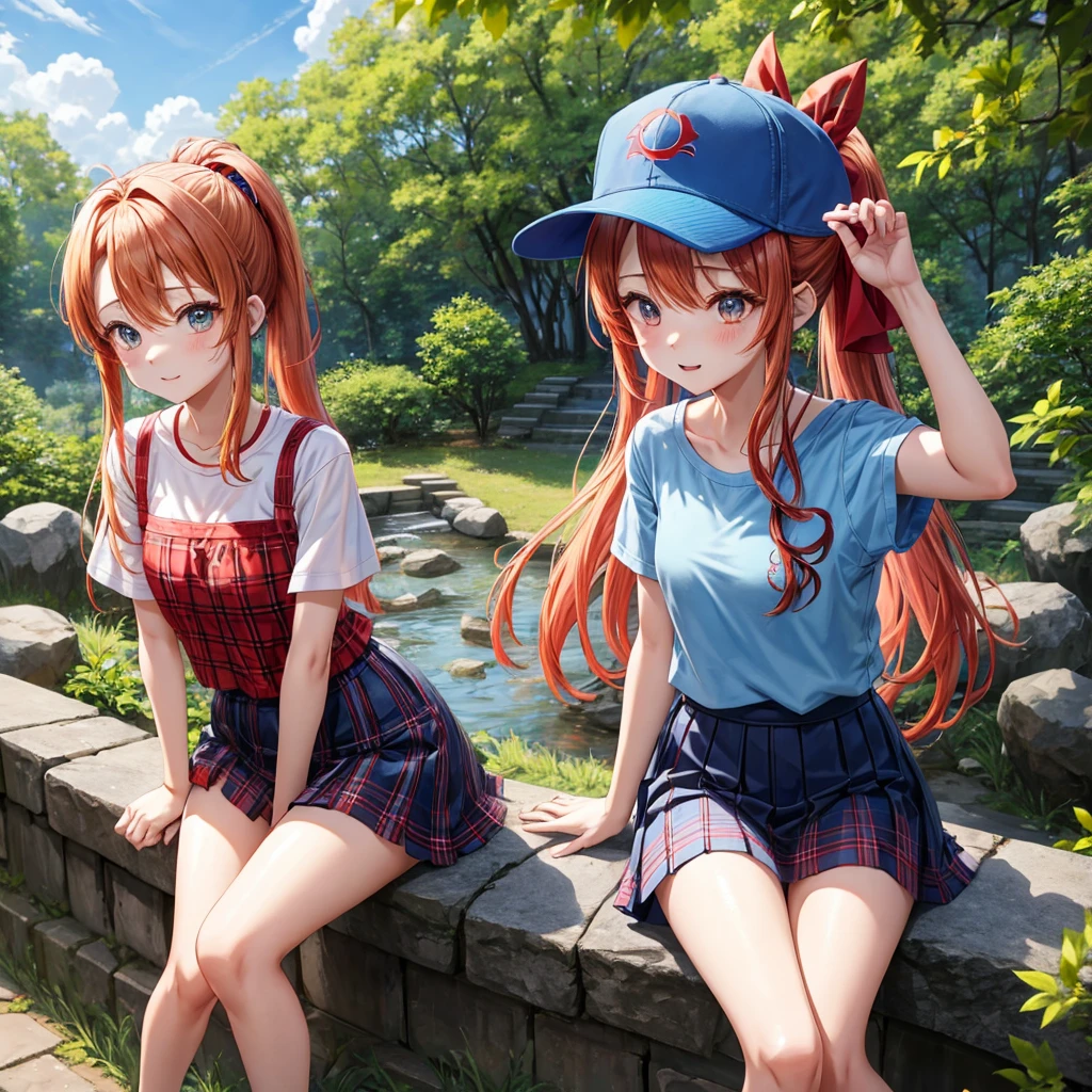 Red-blonde、blue hair、blue eyeraid、ponytail、one good looking girl、solo、anime、Plaid miniskirt、black t-shirt、camisole、forest、sitting、Wearing a plaid baseball cap、Tilting your face、Doing the ribbon、sunset sky、stone bridge、stone stairs、petal、A small bird  flying、big tree、tunnel、squirt、Bang、stretching one&#39;s back、Fallen leaves
