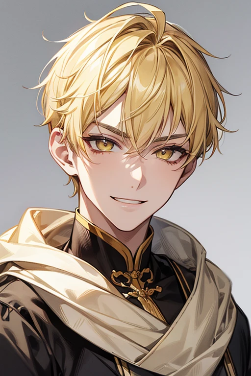 (muste piece), (best quality), extremely detailed, 1 man, solo, perfect face, pretty face, highly detailed face，yellow short hair, yellow eyebrows、Handsome man with expressive eyes, smiling, yellow eyes、Huangze Ryota