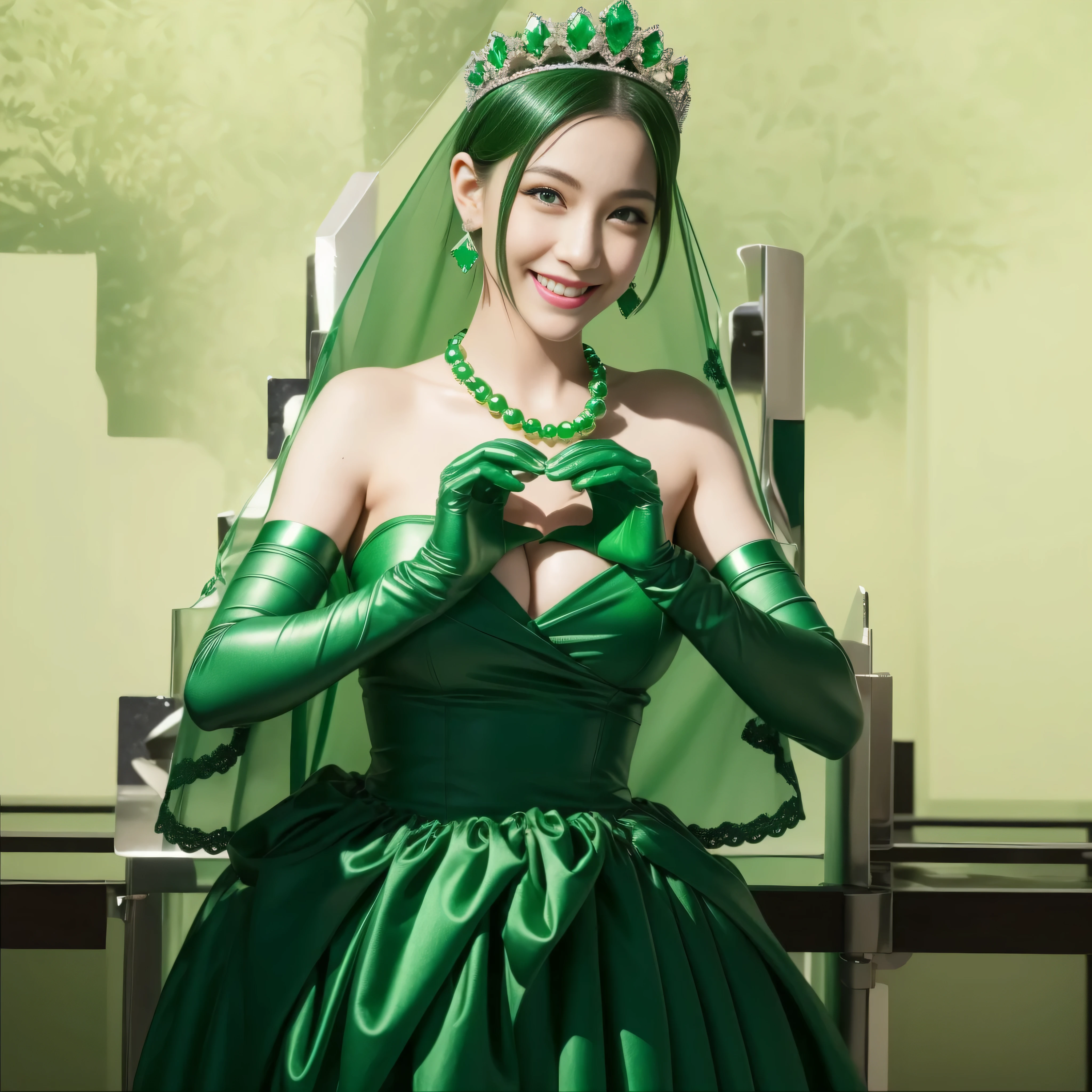 emerald tiara, green pearl necklace, boyish very short green hair, lipstick, smiling Japanese woman, very short hair,  big breast beauty, green eyes, Long green satin gloves, green eyes, emerald earrings, green veil, heart with both hands