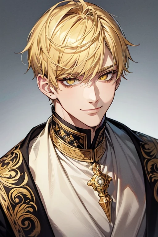 (muste piece), (best quality), extremely detailed, 1 man, solo, perfect face, pretty face, highly detailed face，yellow short hair, yellow eyebrows、Handsome man with expressive eyes, smiling, yellow eyes