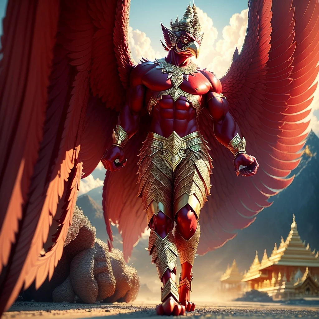 (Garuda 1) Red eyes, muscular body. Best anatomy: Red-skinned Garuda. Red-haired Garuda. Large, outstretched, red-winged Garuda. perfect wingspan Wear jewelry made from gold with Thai patterns. Gold jewelry decorated with diamonds on Garuda's head Wearing Thai cloth pants, Thai silk, red Thai pattern. Hands on hands and legs look like perfect birds. Hands, legs, feet are perfect. Stand on the ground, look straight, stand fully. The skin is the most detailed. The skin is red. The fur is the most detailed red. Red eyes, best detail The best anatomical details, details, cloth, accessories, Thai warrior armor. Best Metal Details Best Weapons Best Weapon Details (Special details Masterpiece quality Realistic Photos(Ultimate Realistic Photos 8k,16k,32k) Maximum realism and best lighting details. Best light quality, best shadows World class photography studio (Best close-up view)(The backdrop of the Thai temple castle is extinguished with gold, silver, emeralds, diamonds, perfect. The background is the sky, clouds, and fog. It feels natural and realistic.)