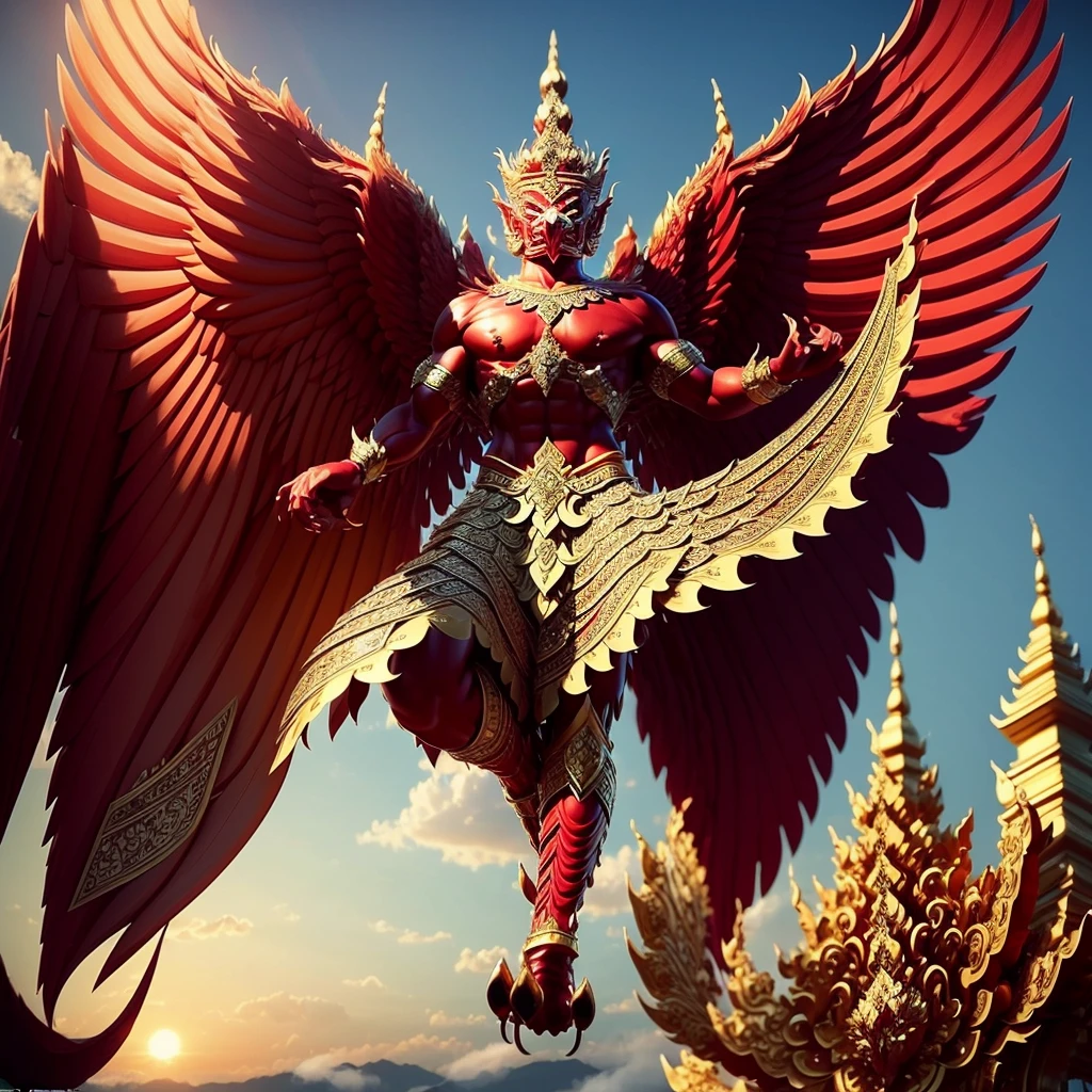 (Garuda 1) Red eyes, muscular body. Best anatomy: Red-skinned Garuda. Red-haired Garuda. Large, outstretched, red-winged Garuda. perfect wingspan Wear jewelry made from gold with Thai patterns. Gold jewelry decorated with diamonds on Garuda's head Wearing Thai cloth pants, Thai silk, red Thai pattern. Hands on hands and legs look like perfect birds. Hands, legs, feet are perfect. Stand on the ground, look straight, stand fully. The skin is the most detailed. The skin is red. The fur is the most detailed red. Red eyes, best detail The best anatomical details, details, cloth, accessories, Thai warrior armor. Best Metal Details Best Weapons Best Weapon Details (Special details Masterpiece quality Realistic Photos(Ultimate Realistic Photos 8k,16k,32k) Maximum realism and best lighting details. Best light quality, best shadows World class photography studio (Best close-up view)(The backdrop of the Thai temple castle is extinguished with gold, silver, emeralds, diamonds, perfect. The background is the sky, clouds, and fog. It feels natural and realistic.)