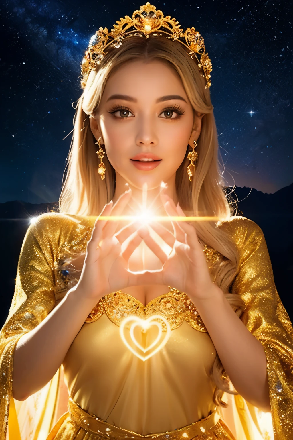 Golden Goddess Freyer, Majestic Goddess of Love and Magic, Her hands shine with mysterious power.Her hands shine warm and charmingly.Her presence is a light of hope and joy.her golden aura 、It is a shining golden aura of love and protection.Shooting star brilliance,Golden moonlight,beautiful fingers,A heart-shaped golden dazzling light from her fingertips,