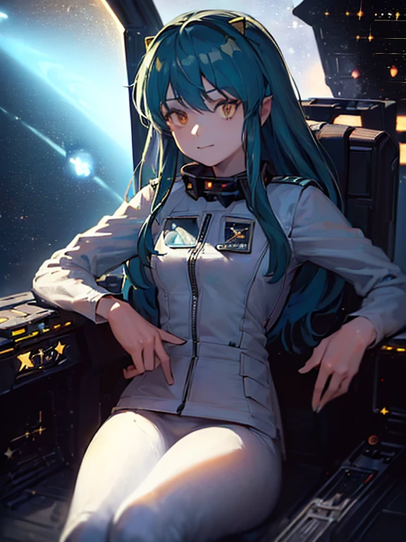 16k,(masterpiece:2),(best quality:2),(realistic),((ultra detailed)),(cinema lighting),(upper body), 2-tone green color long hair, a matured female,medium breasts,(a pilot of space fighter:2),(((((sitting and manipulating the control stick by hands)))),((in white spacesuit)),,(smile),lum,lumlum,horns,,(((in the cockpit of a space fighter))),((((looking forward))),,(((many stars and the outer space out of the cockpit))),