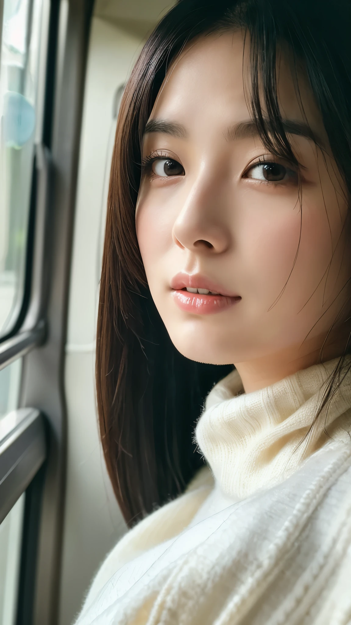 best image quality、masterpiece、Beautiful woman、Japanese、25 years old、whole body、in the train、(Masseter muscle part:1.3)、(In 8K、Photoreal、Raw photo、highest quality:1.4)、(with a girl)、beautiful expression、(lifelike face)、(black haired、Realistic eyes beautiful details、(skin that looks real)、White coat、White Turtleneck Sweater、shiny_Hada、cleavage、absurd、attractive、super resolution、surreal、high details、golden ratio、Clear face、length、loose perm、綺麗なJapaneseの女性、(whole bodyが映る、frontage)