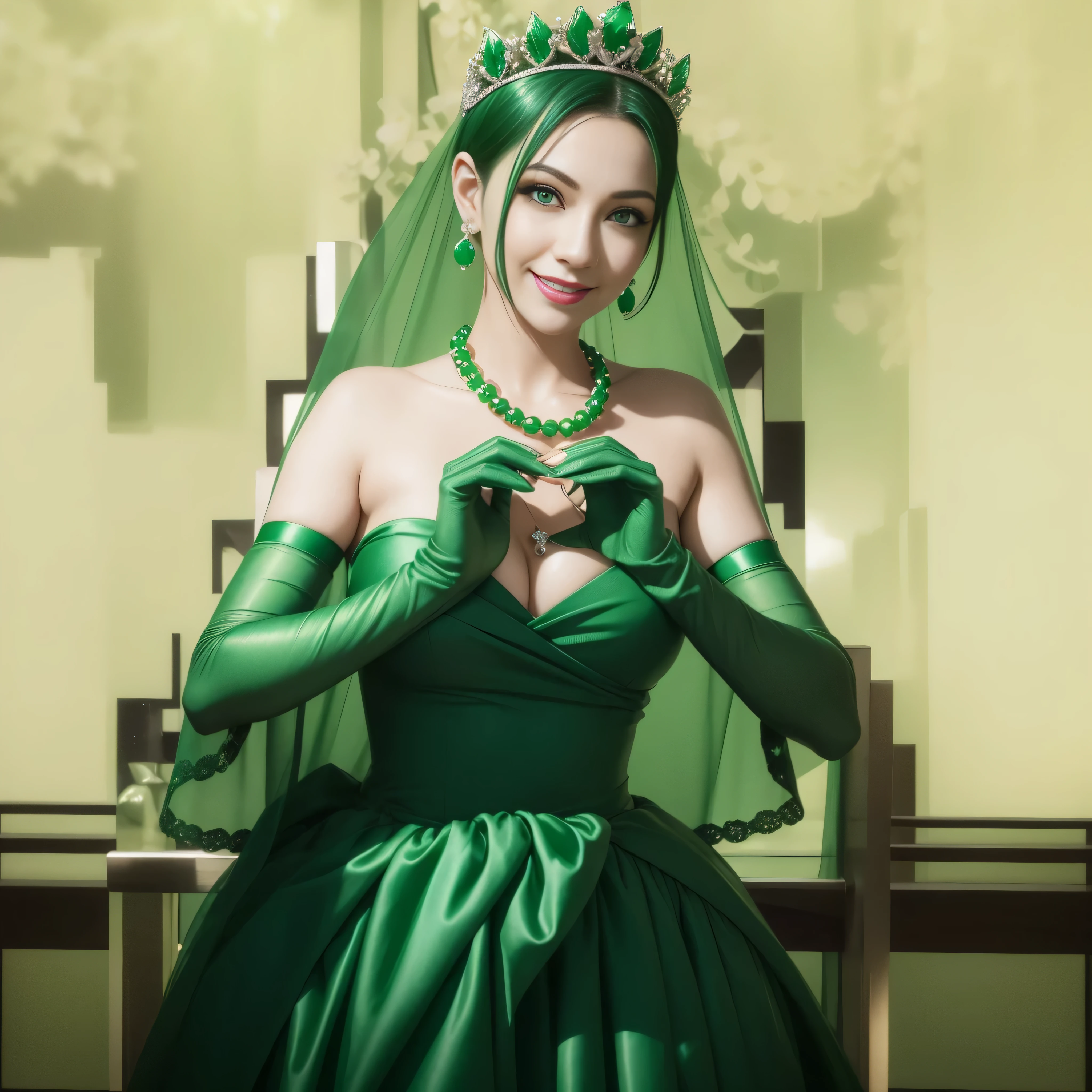 emerald tiara, green pearl necklace, boyish very short green hair, lipstick, smiling Japanese woman, very short hair, big breast beauty, green eyes, Long green satin gloves, green eyes, emerald earrings, green veil, heart with both hands
