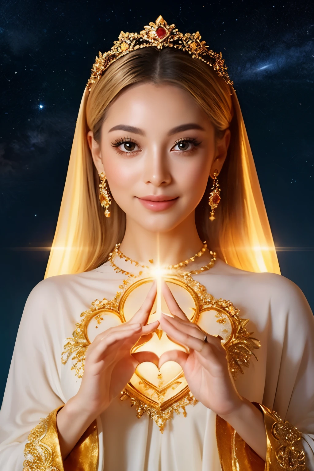 Golden Goddess Freyer, Majestic Goddess of Love and Magic, Her hands shine with mysterious power.Her hands shine warm and charmingly.Her presence is a light of hope and joy.her golden aura 、It is a shining golden aura of love and protection.Shooting star brilliance,Golden moonlight,beautiful fingers,A heart-shaped golden dazzling light from her fingertips,